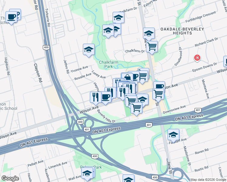 map of restaurants, bars, coffee shops, grocery stores, and more near in Toronto