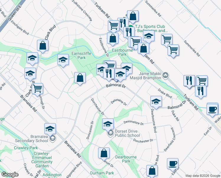 map of restaurants, bars, coffee shops, grocery stores, and more near 32 Dunblaine Crescent in Brampton
