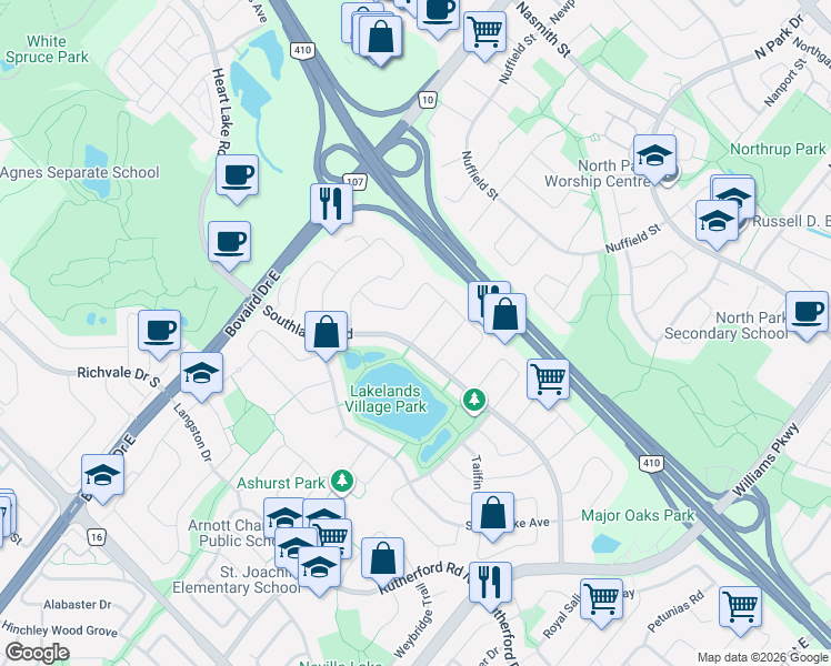 map of restaurants, bars, coffee shops, grocery stores, and more near 16 Clearjoy Street in Brampton