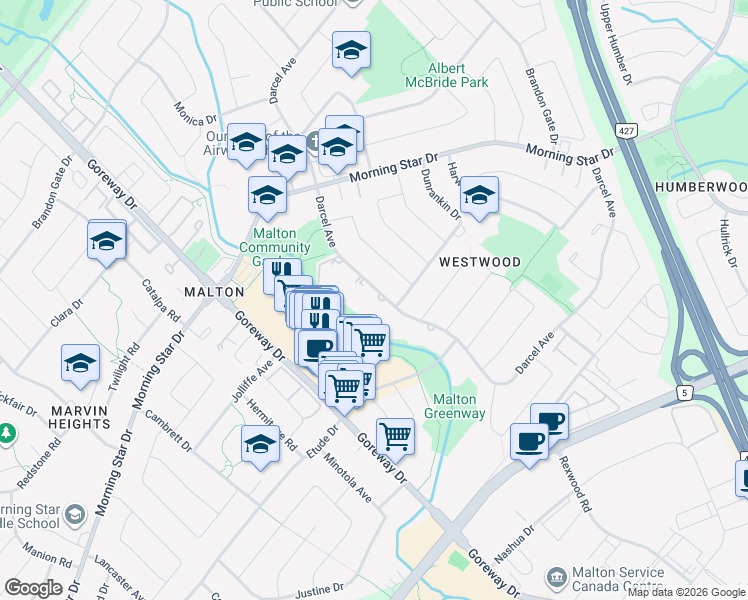 map of restaurants, bars, coffee shops, grocery stores, and more near 7230 Darcel Avenue in Mississauga