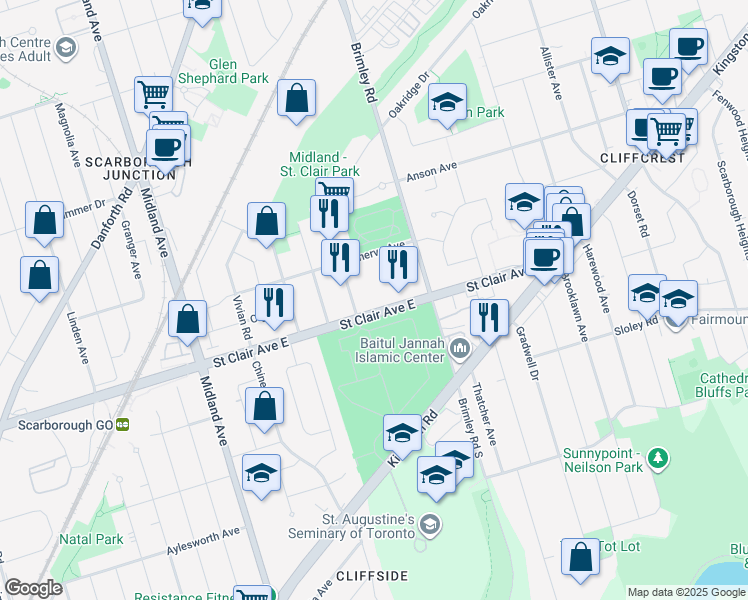 map of restaurants, bars, coffee shops, grocery stores, and more near 3734 Saint Clair Avenue East in Toronto