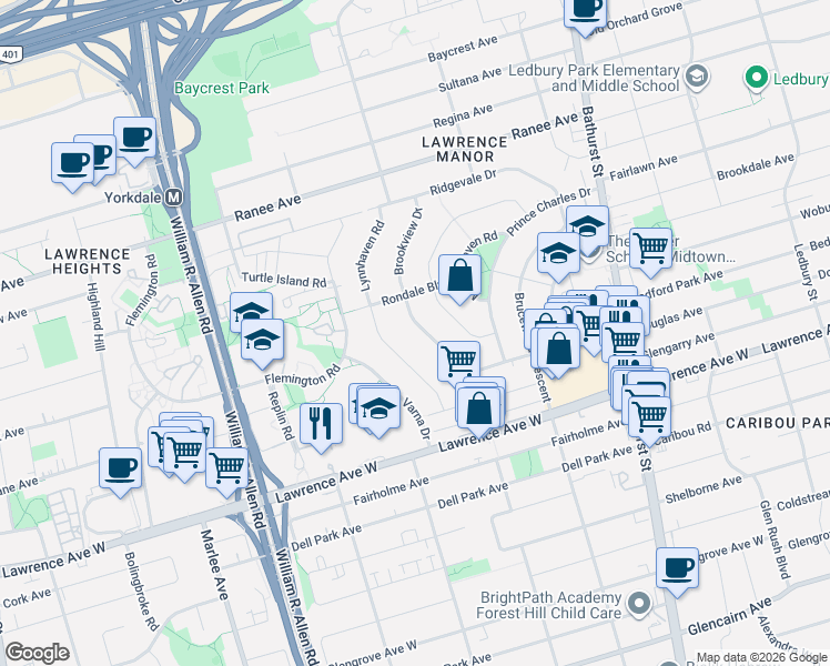 map of restaurants, bars, coffee shops, grocery stores, and more near 54 Brookview Drive in Toronto