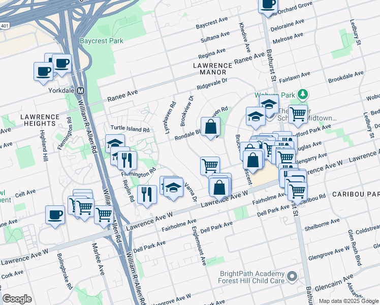 map of restaurants, bars, coffee shops, grocery stores, and more near 54 Brookview Drive in Toronto