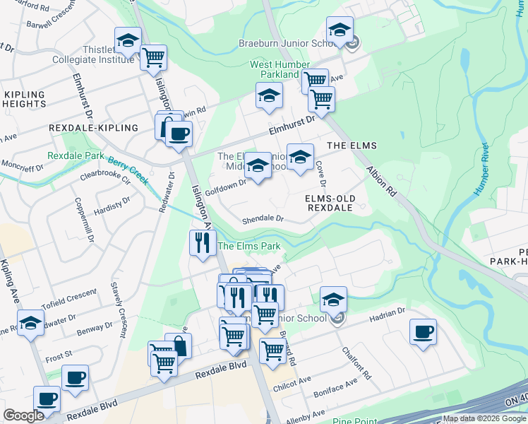 map of restaurants, bars, coffee shops, grocery stores, and more near 76 Shendale Drive in Toronto