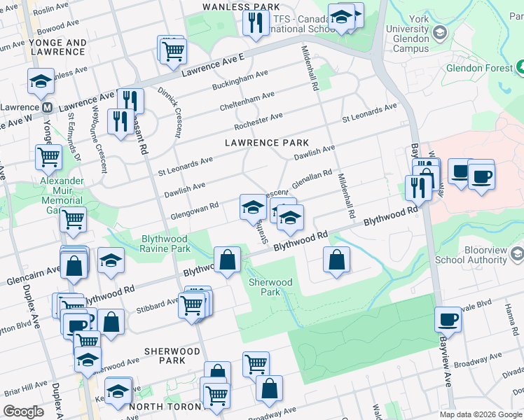 map of restaurants, bars, coffee shops, grocery stores, and more near 27 Strathgowan Crescent in Toronto