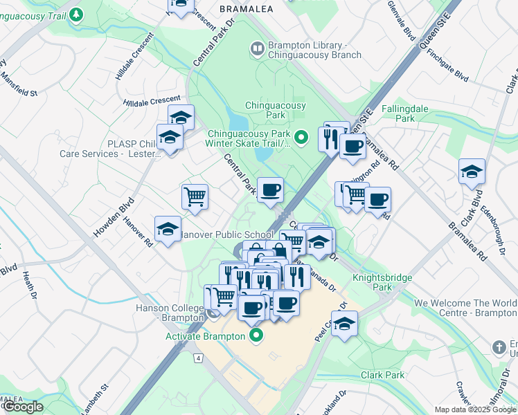 map of restaurants, bars, coffee shops, grocery stores, and more near 2 Hanover Road in Brampton