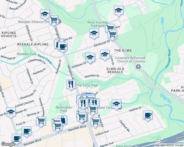 map of restaurants, bars, coffee shops, grocery stores, and more near 76 Shendale Drive in Toronto