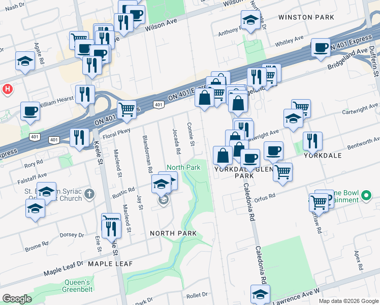 map of restaurants, bars, coffee shops, grocery stores, and more near 4 Connie Street in Toronto