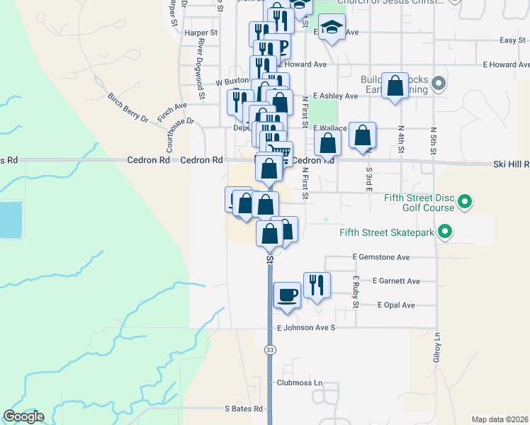 map of restaurants, bars, coffee shops, grocery stores, and more near 185 South Main Street in Driggs
