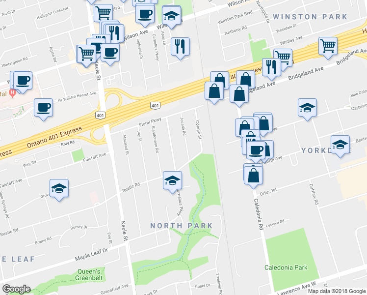 map of restaurants, bars, coffee shops, grocery stores, and more near 16 Jocada Road in Toronto