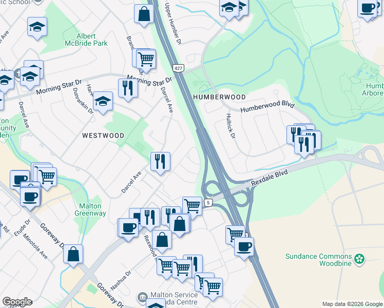 map of restaurants, bars, coffee shops, grocery stores, and more near 75 Rexwood Road in Mississauga