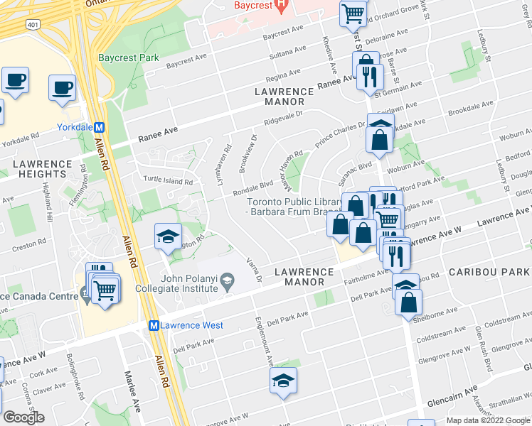 map of restaurants, bars, coffee shops, grocery stores, and more near 47 Brookview Drive in Toronto