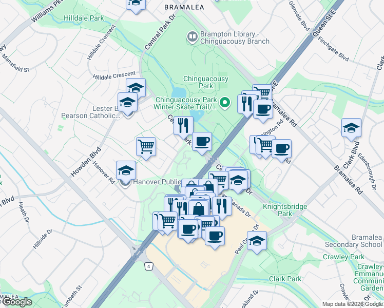 map of restaurants, bars, coffee shops, grocery stores, and more near 2 Hanover Road in Brampton