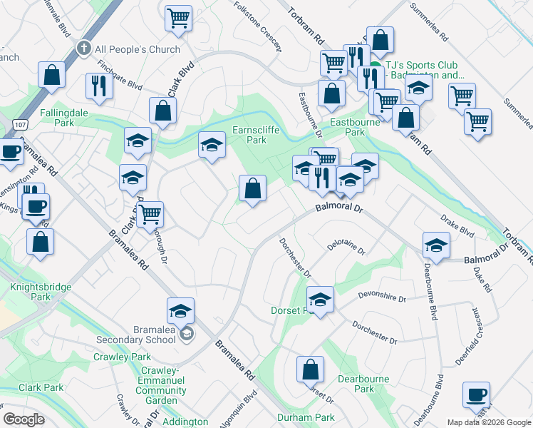 map of restaurants, bars, coffee shops, grocery stores, and more near 15 Epsom Downs Drive in Brampton