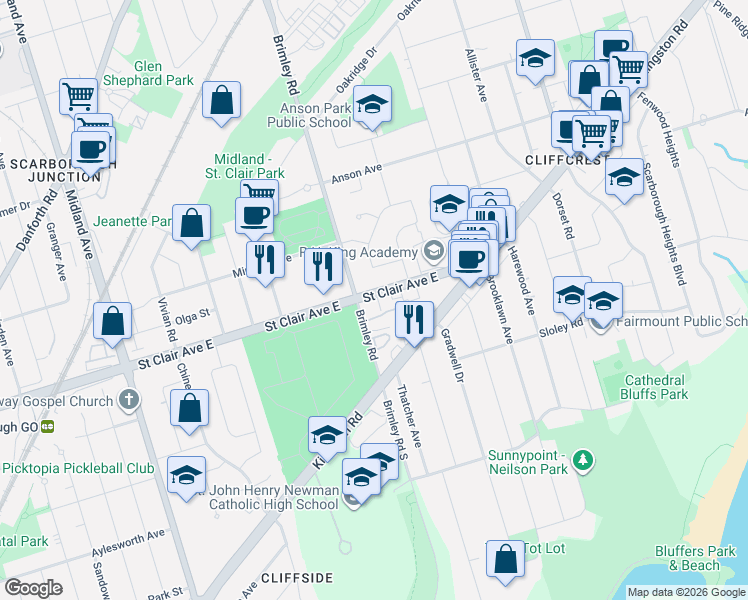 map of restaurants, bars, coffee shops, grocery stores, and more near 3761A Saint Clair Avenue East in Toronto