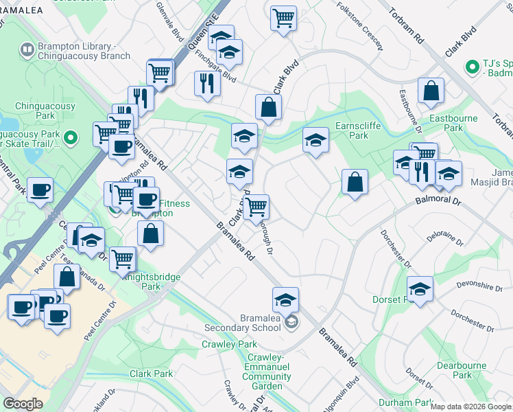 map of restaurants, bars, coffee shops, grocery stores, and more near 59 Edenborough Drive in Brampton
