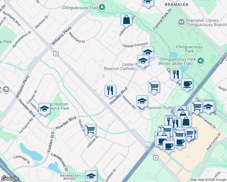 map of restaurants, bars, coffee shops, grocery stores, and more near 41 Hillbank Trail in Brampton