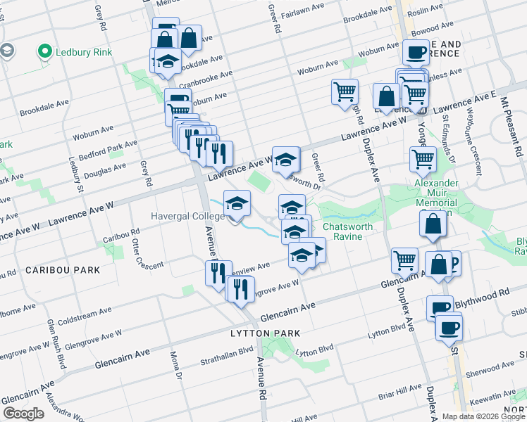 map of restaurants, bars, coffee shops, grocery stores, and more near 451 Rosewell Avenue in Toronto
