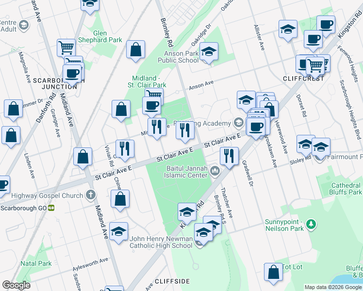 map of restaurants, bars, coffee shops, grocery stores, and more near 3744 Saint Clair Avenue East in Toronto