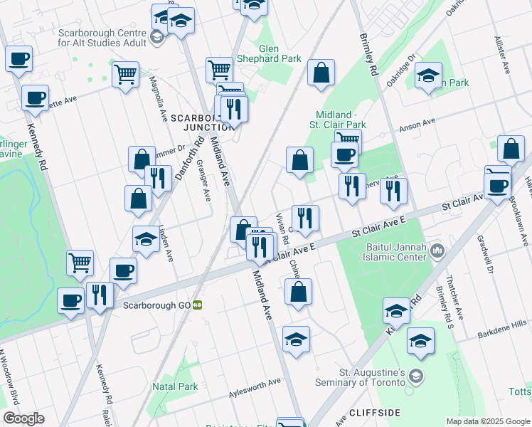 map of restaurants, bars, coffee shops, grocery stores, and more near 34 Minerva Avenue in Toronto