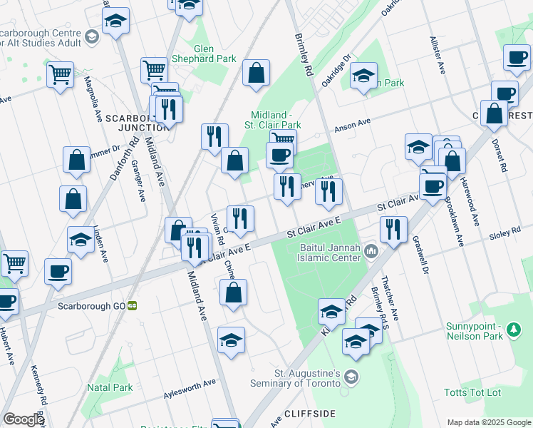 map of restaurants, bars, coffee shops, grocery stores, and more near in Toronto