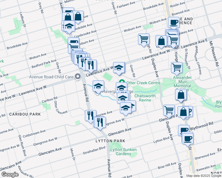 map of restaurants, bars, coffee shops, grocery stores, and more near 451 Rosewell Avenue in Toronto