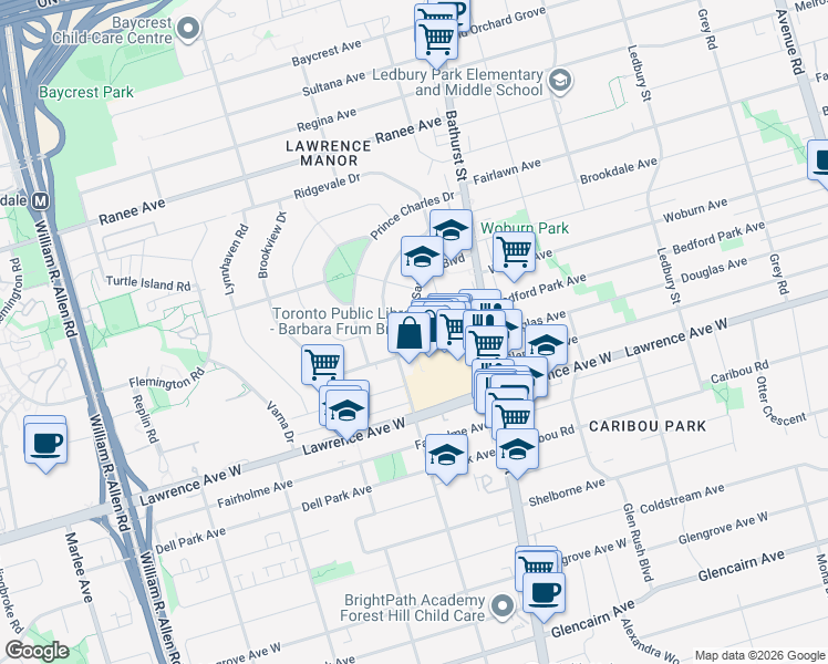 map of restaurants, bars, coffee shops, grocery stores, and more near 528 Lawrence Avenue West in Toronto