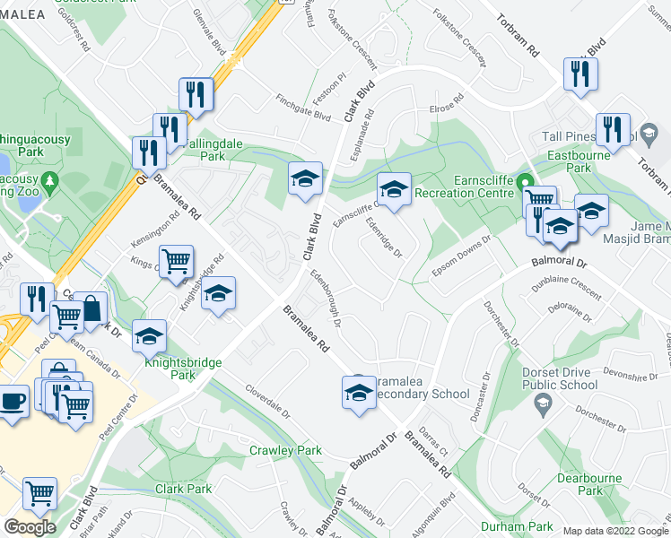 map of restaurants, bars, coffee shops, grocery stores, and more near 49 Edenborough Drive in Brampton