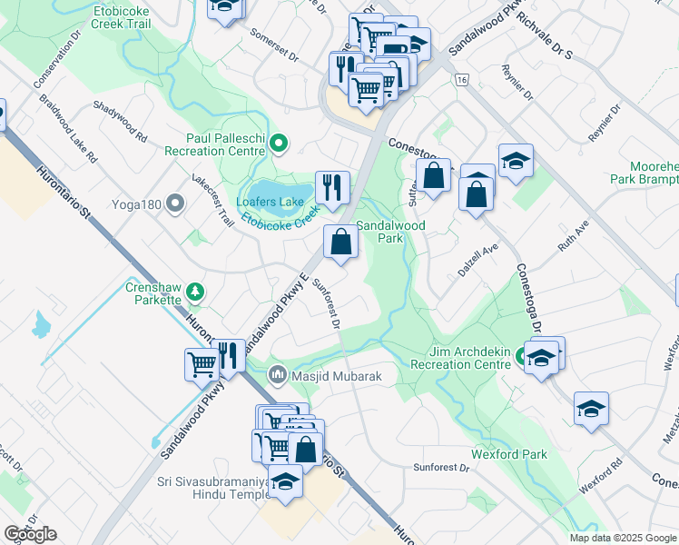 map of restaurants, bars, coffee shops, grocery stores, and more near 8 Brower Court in Brampton