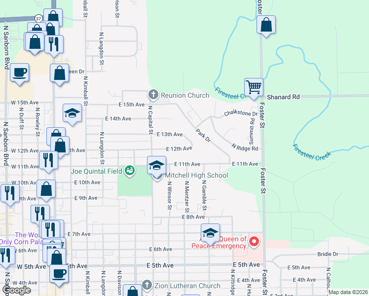 map of restaurants, bars, coffee shops, grocery stores, and more near 905 East 12th Avenue in Mitchell