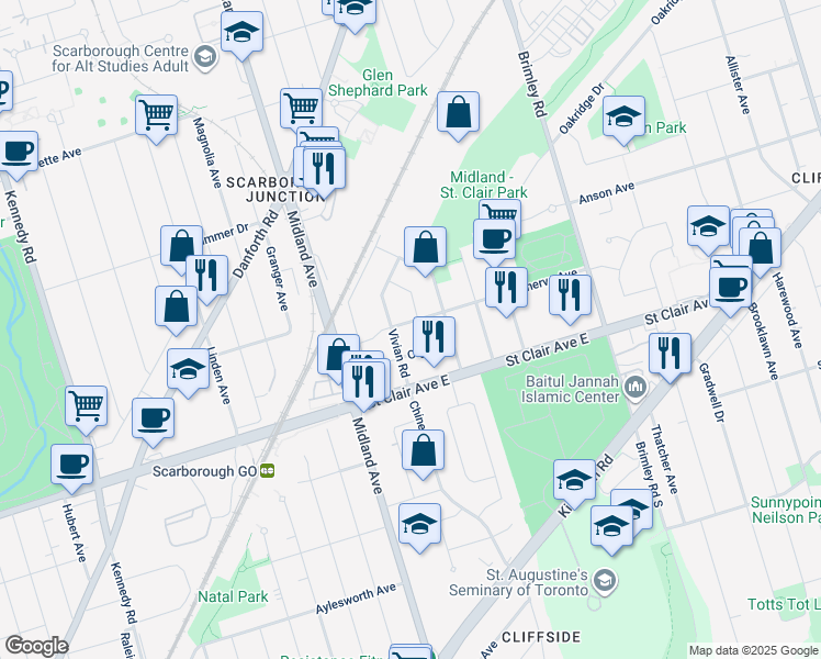 map of restaurants, bars, coffee shops, grocery stores, and more near 51 Minerva Avenue in Toronto