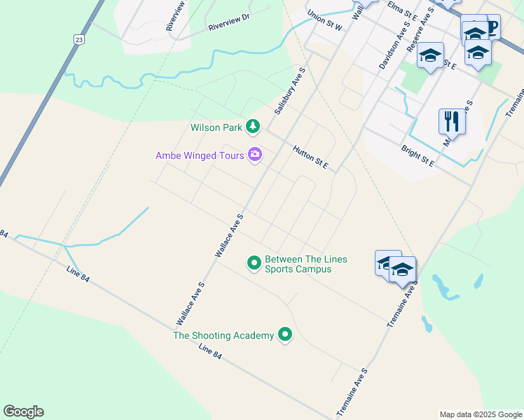 map of restaurants, bars, coffee shops, grocery stores, and more near 986 Baker Avenue South in Listowel