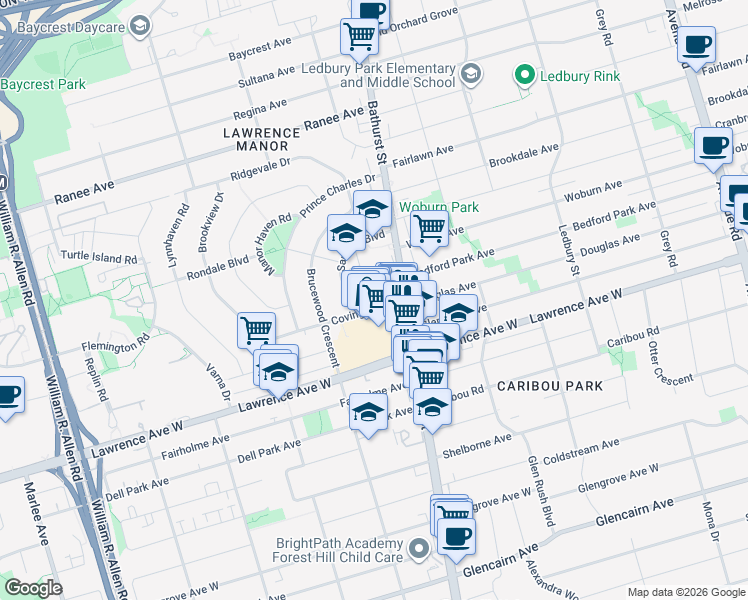 map of restaurants, bars, coffee shops, grocery stores, and more near 492 Lawrence Avenue West in Toronto