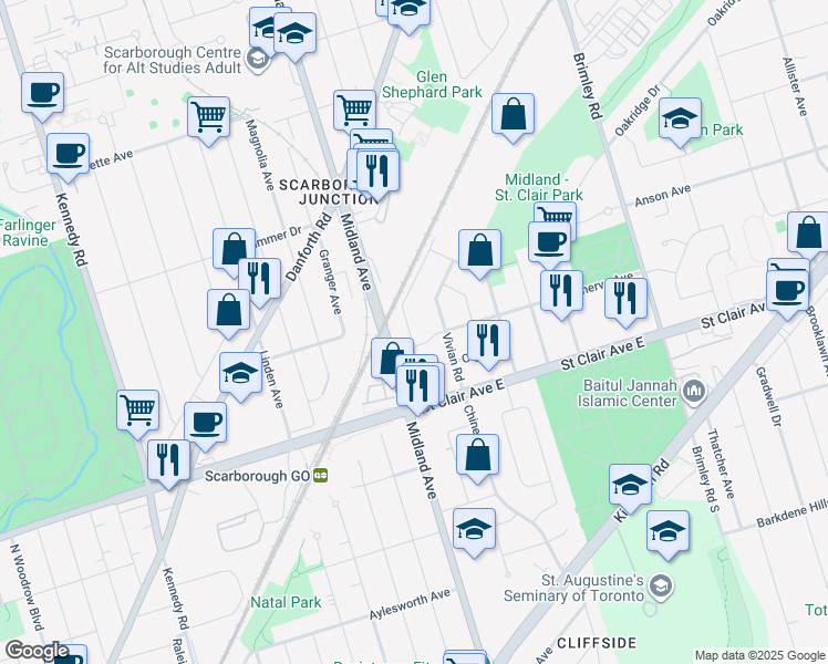 map of restaurants, bars, coffee shops, grocery stores, and more near 39 National Street in Toronto