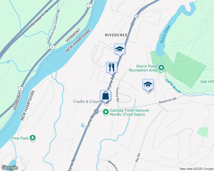 map of restaurants, bars, coffee shops, grocery stores, and more near 54 Lyme Road in Hanover