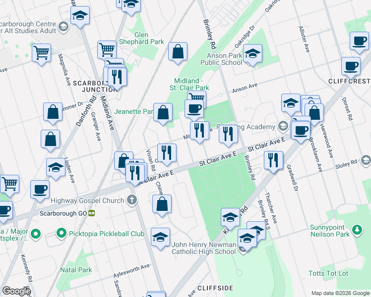 map of restaurants, bars, coffee shops, grocery stores, and more near 12 Waltonice Road in Toronto