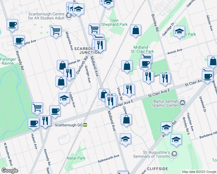 map of restaurants, bars, coffee shops, grocery stores, and more near 41 National Street in Toronto