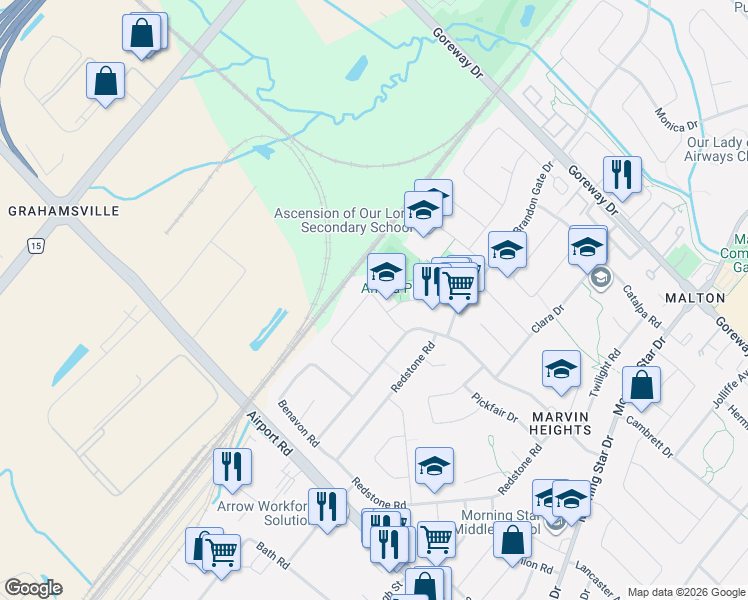 map of restaurants, bars, coffee shops, grocery stores, and more near 7656 Priory Crescent in Mississauga