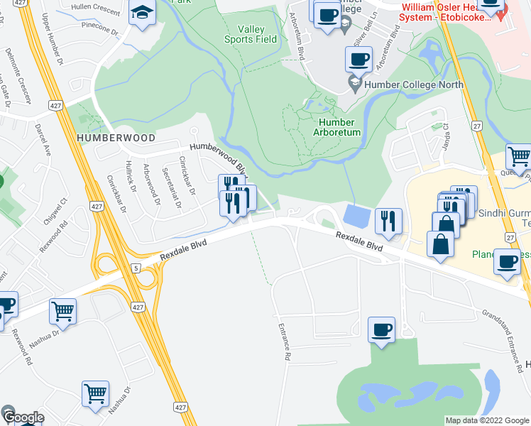 map of restaurants, bars, coffee shops, grocery stores, and more near 626 Rexdale Boulevard in Toronto