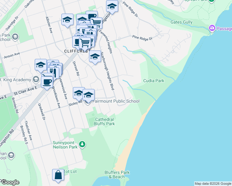 map of restaurants, bars, coffee shops, grocery stores, and more near 15 Scarborough Heights Boulevard in Toronto