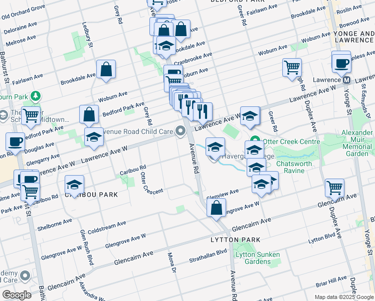 map of restaurants, bars, coffee shops, grocery stores, and more near 2 Caribou Road in Toronto