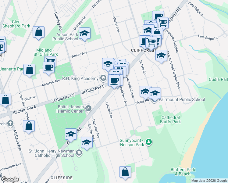 map of restaurants, bars, coffee shops, grocery stores, and more near in Toronto