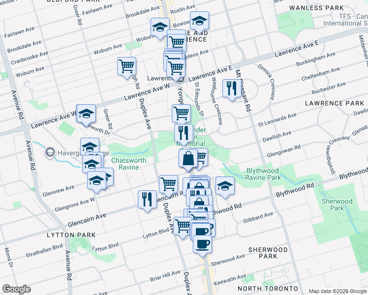 map of restaurants, bars, coffee shops, grocery stores, and more near in Toronto