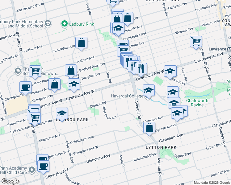 map of restaurants, bars, coffee shops, grocery stores, and more near in Toronto