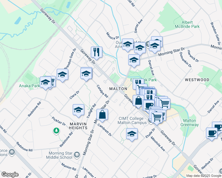 map of restaurants, bars, coffee shops, grocery stores, and more near in Mississauga