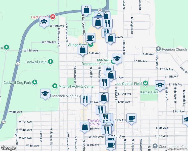 map of restaurants, bars, coffee shops, grocery stores, and more near 219 West 12th Avenue in Mitchell