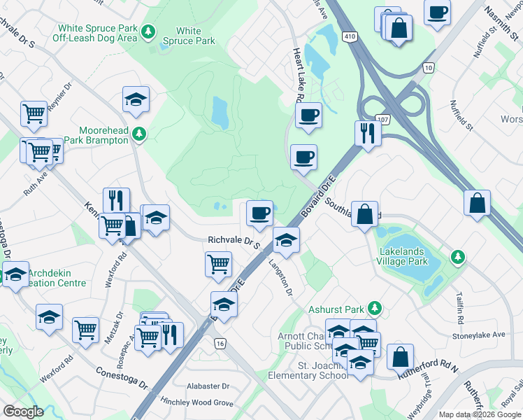 map of restaurants, bars, coffee shops, grocery stores, and more near 271 Richvale Drive South in Brampton