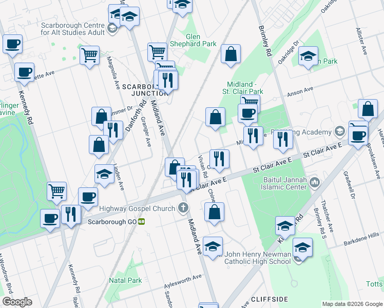 map of restaurants, bars, coffee shops, grocery stores, and more near 36 Minerva Avenue in Toronto