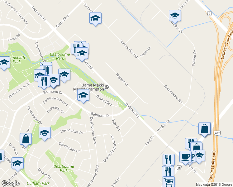 map of restaurants, bars, coffee shops, grocery stores, and more near 8460 Torbram Rd in Brampton