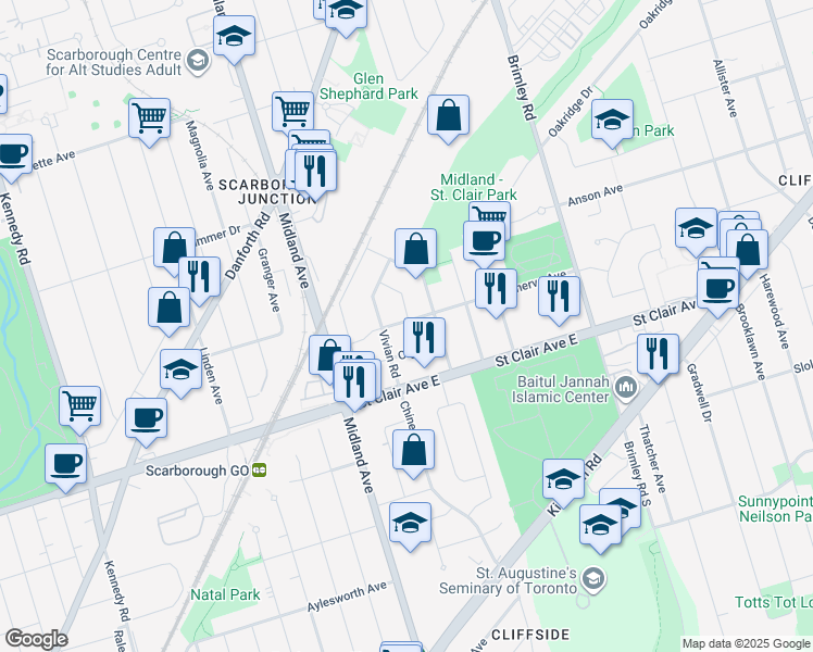 map of restaurants, bars, coffee shops, grocery stores, and more near 55 Minerva Avenue in Toronto